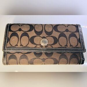 Coach Signature Canvas Wallet Brown Monogram Leather Trim